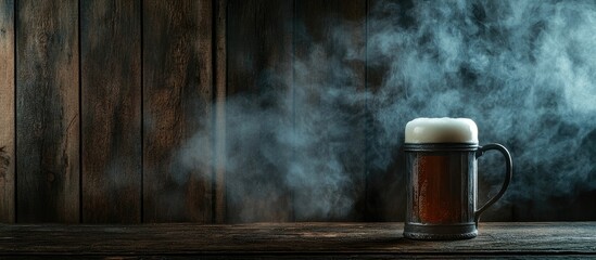 Dark wooden background with a frothy beer mug surrounded by steam, featuring ample copy space for text placement.