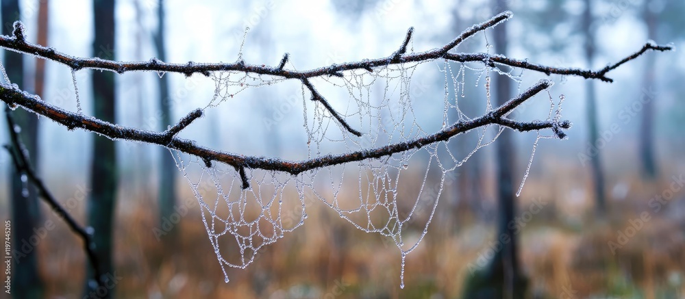 Aufkleber delicate spider webs glistening with water droplets on branches in a blurred winter forest with eart