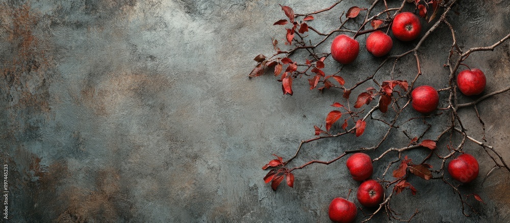 Aufkleber red apples on dark branches surrounded by muted garden tones, natural setting with ample copy space 