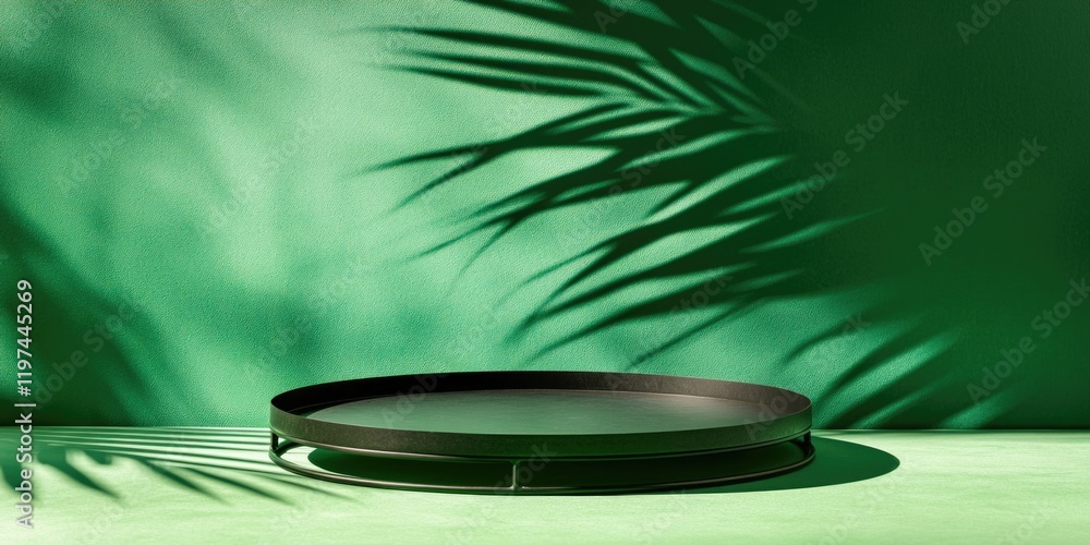 Poster black circular tray on green surface with palm leaf shadows casting artistic patterns in the backgro