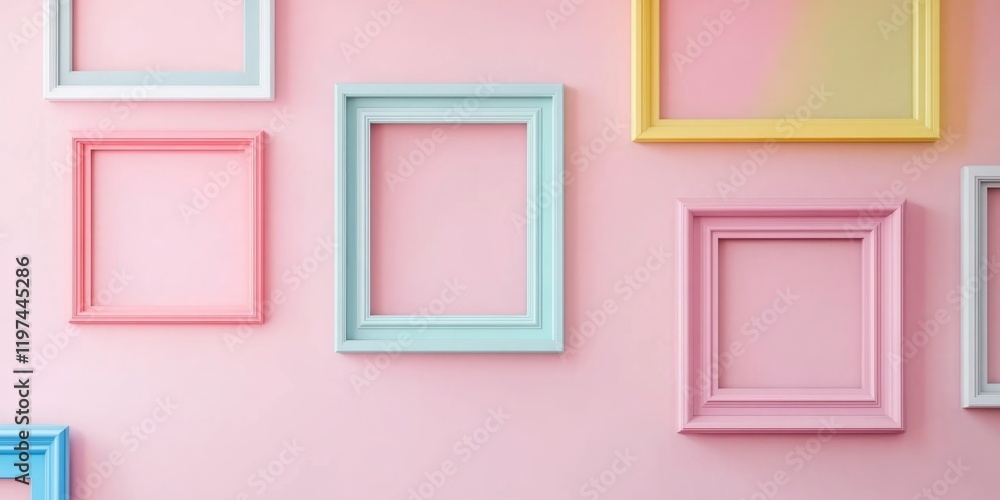 Poster colorful empty picture frames on a pastel pink wall with ample copy space for text or images