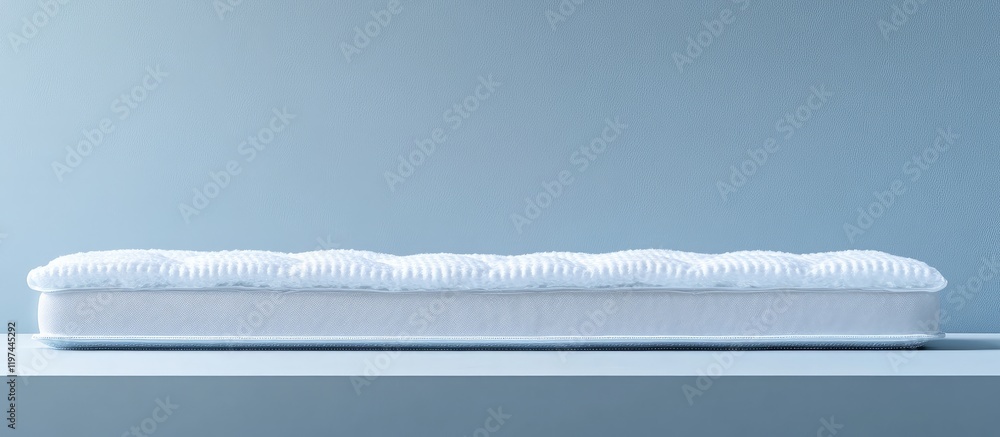 Poster unpacked white mattress displayed on a minimalist gray shelf against a soft blue background with amp