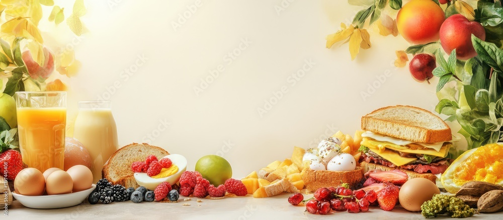 Aufkleber breakfast spread with fresh sandwiches fruits eggs and bread on light surface with empty copy space 