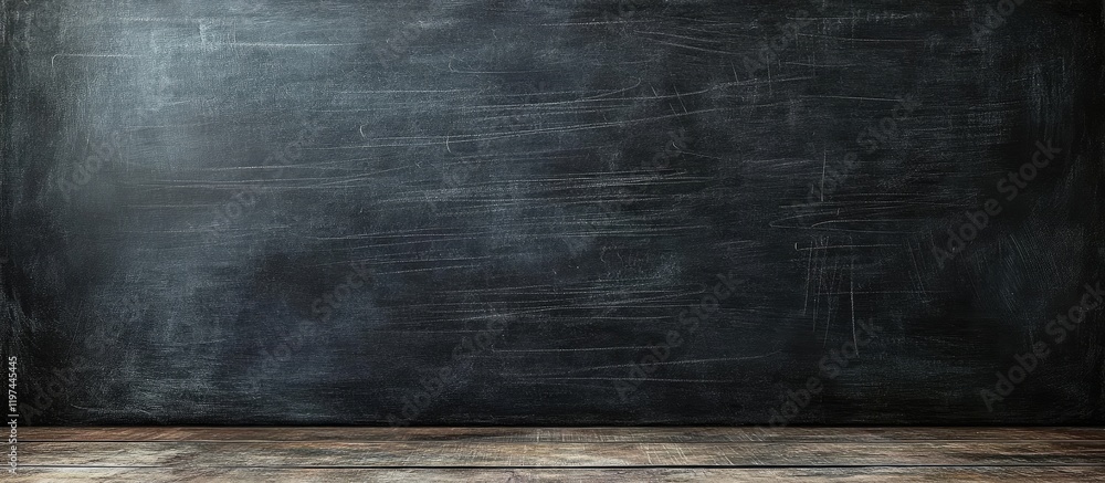 Poster black horizontal chalkboard surface with text inscriptions and empty copy space on wood table for ed