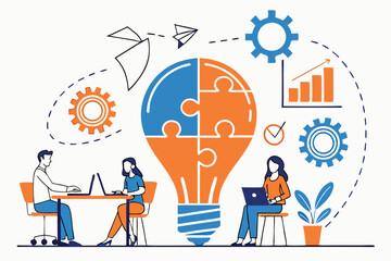 Light bulb puzzle, teamwork concept, business icons, office workers at desks, colorful infographic, creative problem solving, collaboration, idea generation, flat design illustration, corporate meetin