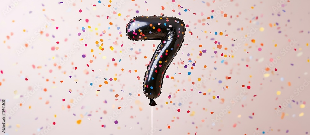 Poster black number 7 anniversary birthday balloon with colorful confetti on light background and ample emp