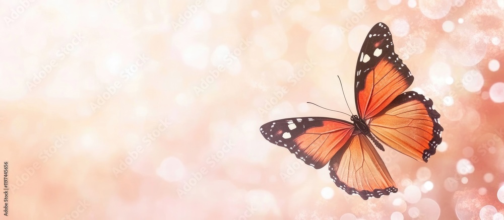 Poster colorful butterfly on a soft gradient background with bokeh lights and ample copy space for text ins