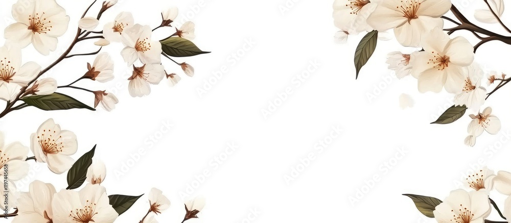 Poster delicate white cherry blossom branches framing blank space on soft white background for elegant desi