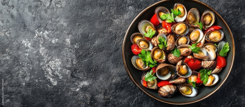 Poster plate of fresh clams and shellfish arranged with herbs and cherry tomatoes on dark textured backgrou