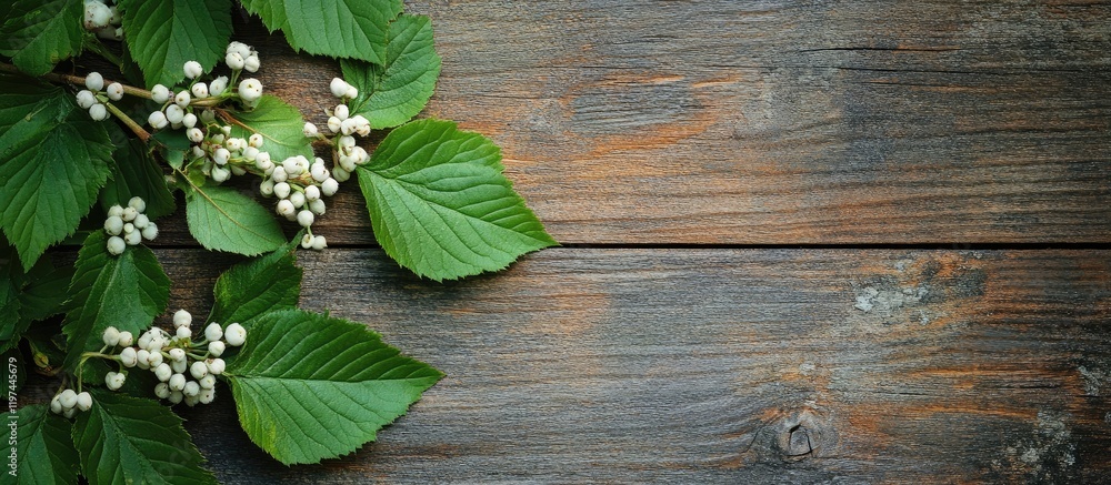 Aufkleber vibrant green viburnum branch with white berries on a rustic wooden background creating empty copy s