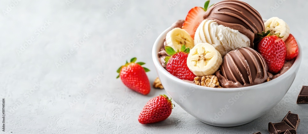 Poster chocolate ice cream with strawberry and banana toppings in a white bowl surrounded by fresh fruits w