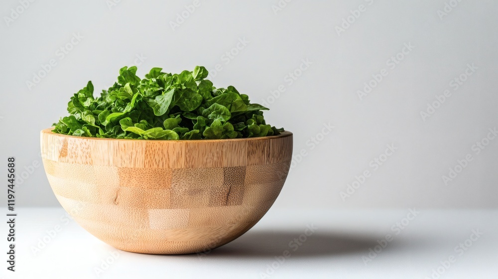 Poster isolated of spinach leaves piled in a wooden bowl placed on a clean white surface stock photo with s