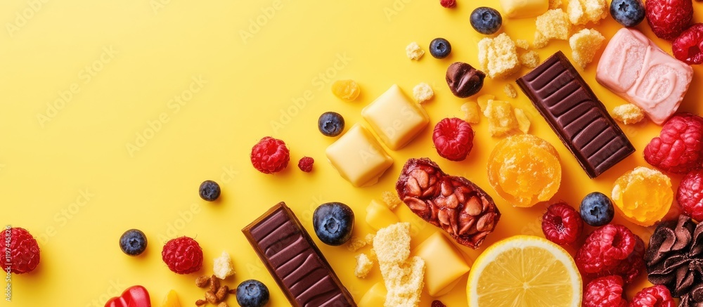Poster assorted colorful candies and fruits on a vibrant yellow background with copy space for text and des