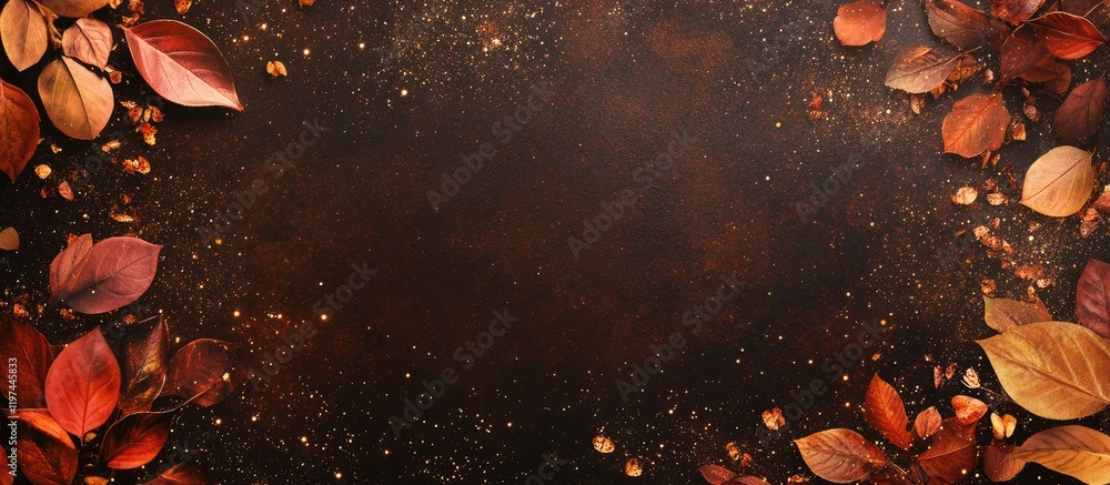 Poster warm autumn background with fallen red and brown leaves sparking against dark brown canvas creating 