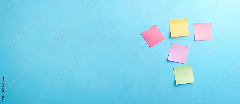 Poster colorful sticky notes on a bright blue background ideal for creative brainstorming or idea generatio