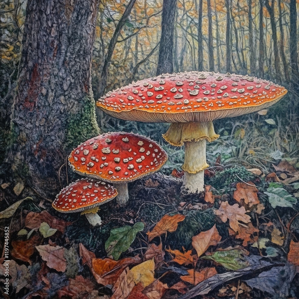 Poster Red and white spotted mushrooms in a forest setting with autumn foliage and trees in the background Copy Space