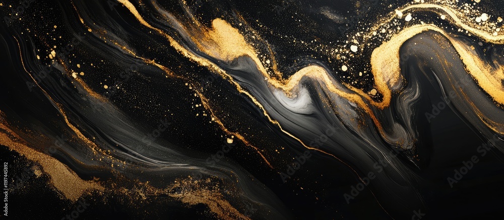 Poster elegant black and gold marble texture background with flowing patterns and ample copyspace for text 