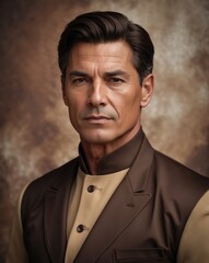 Fototapeta premium A confident man in a stylish ethnic outfit poses for a portrait against a textured backdrop, exuding elegance and sophistication.