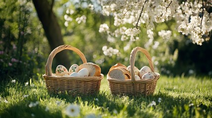 Wielkanoc, koszyk wielkanocny, pisanki, wiosna, ogr&oacute;d, trawa, kwitnące drzewa, koszyki, tradycja, święta, świeże powietrze, świąteczne dekoracje, poranne światło, natura, świąteczne jedzenie, chleb, w