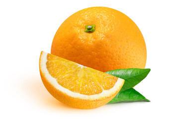 Oranges with leaves on isolated white background. Slice and whole orange