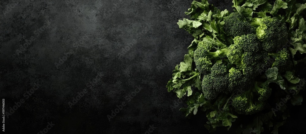 Poster broccoli on dark textured background with copy space for text and design elements