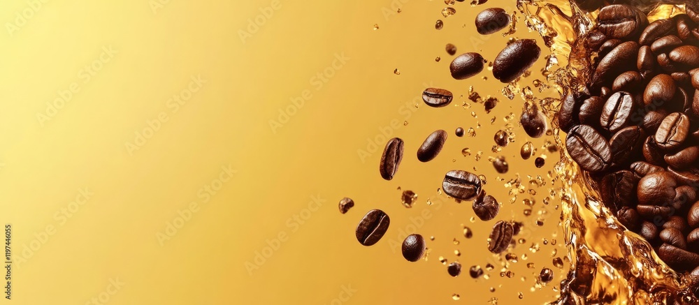 Poster coffee beans splashing in liquid with golden background and ample copy space for text placement