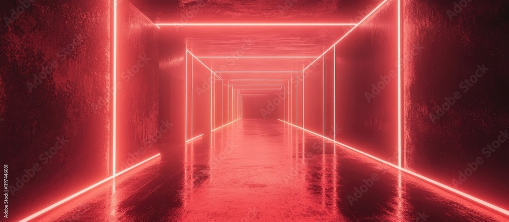 Poster neon lit corridor with reflective floor and pink glowing lines creating a futuristic tunnel copy spa