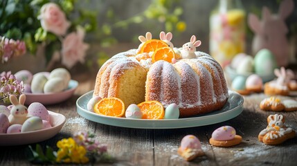 Wielkanoc, babka wielkanocna, wypieki, ciasto, lukier, cukier puder, pomarańcze kandyzowane, ciasteczka, zajączki, pisanki, st&oacute;ł drewniany, pastelowe kolory, talerze, wiosenne kwiaty, świąteczny wystr
