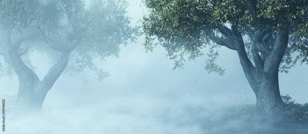 Poster misty forest landscape with trees in fog creating atmospheric background and copy space for text