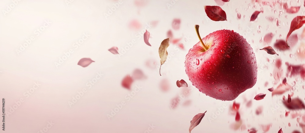 Poster red apple surrounded by floating autumn leaves on a soft pink background with copy space for text pl