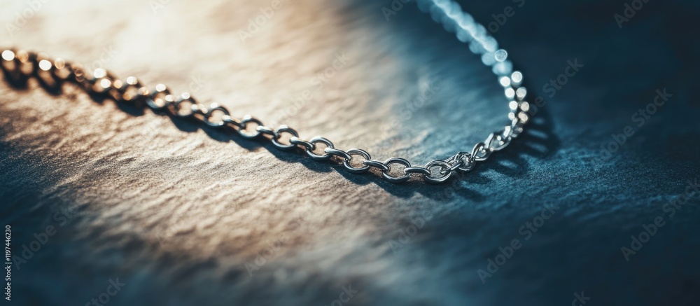 Poster Close-up view of a silver chain necklace displaying intricate design details on a textured surface with copy space for text.