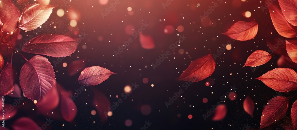Poster golden autumn leaves swirling in soft focus against a dark background with sparkling bokeh and ample