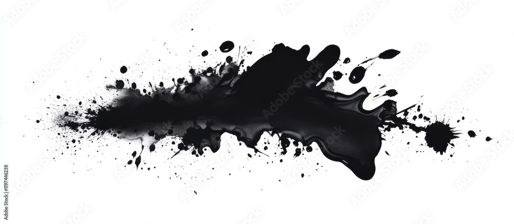 Poster elegant black ink splatter on a clean white background with dark shadow effects and ample copyspace 
