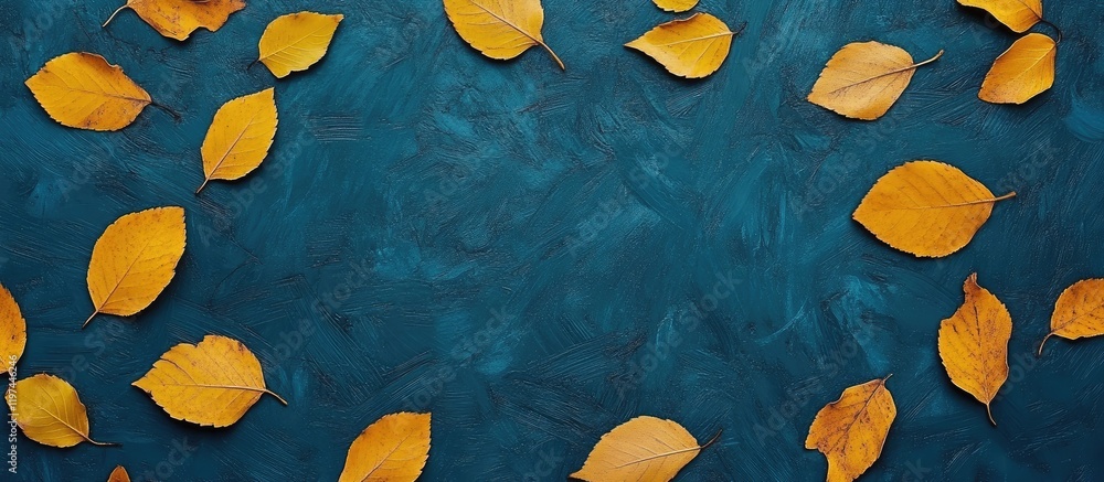Poster autumn backdrop featuring scattered golden yellow leaves on a rich blue textured surface with ample 