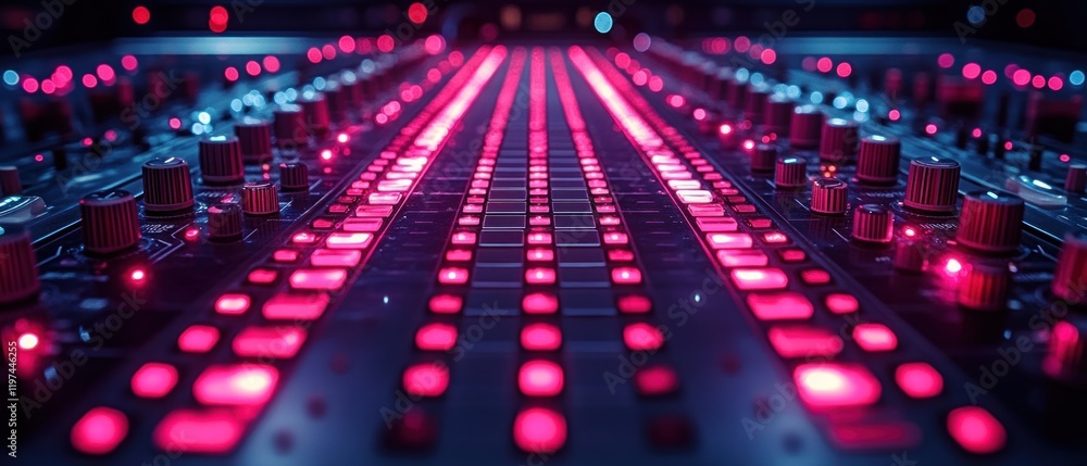 Poster mixing console with illuminated buttons and knobs, used in music production.