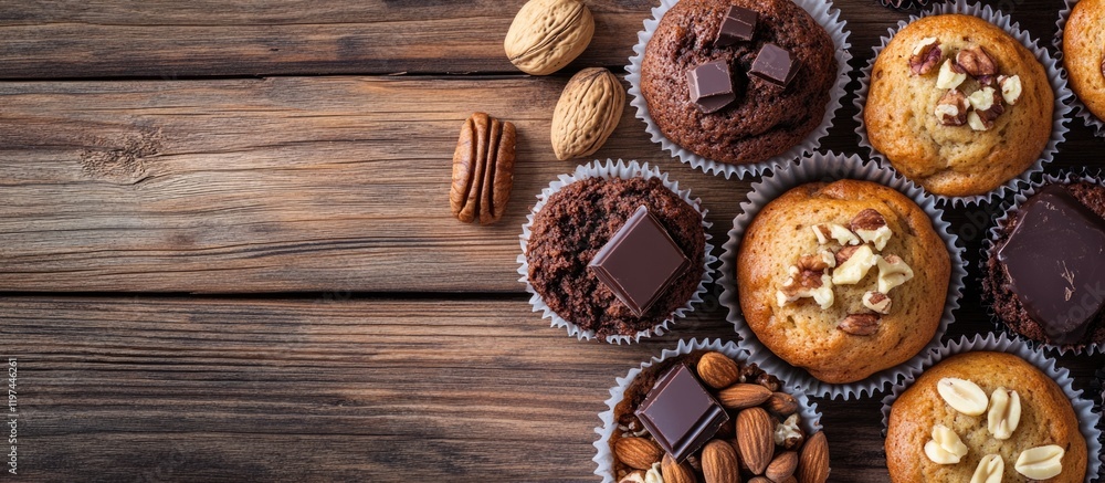 Poster assorted cupcakes with nuts and chocolate on rustic wooden table with copy space for text