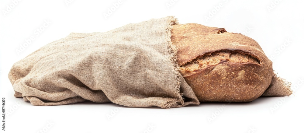 Poster freshly baked artisan bread partially wrapped in a linen cloth on a white background with ample copy