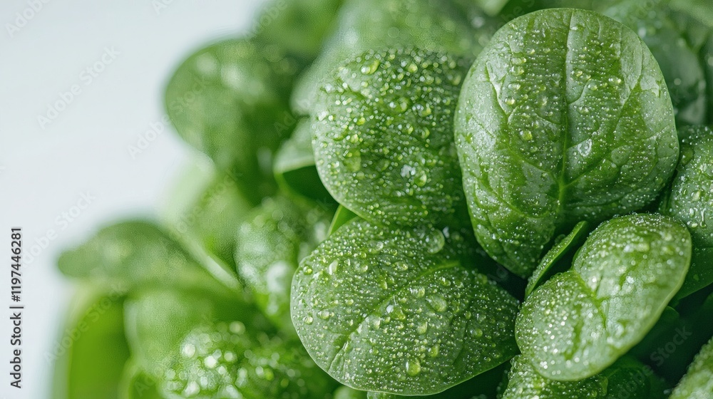Poster Isolated of spinach leaves stacked together with dew drops to emphasize freshness Stock Photo with side copy space