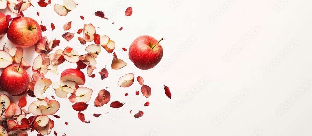 Aufkleber red apples and apple slices with scattered rose petals on a white background with copy space for tex