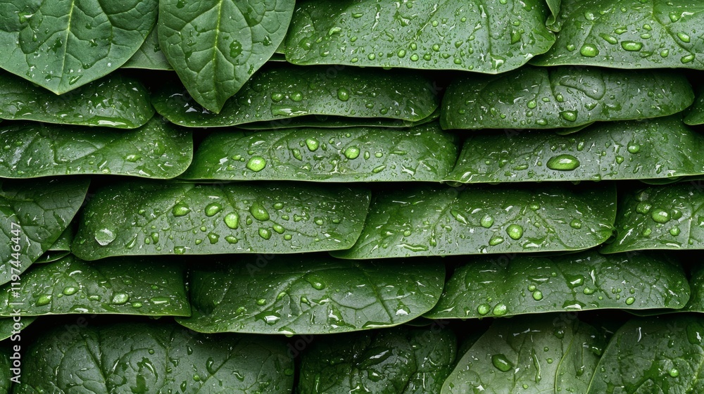 Poster isolated of spinach leaves stacked together with dew drops to emphasize freshness stock photo with s