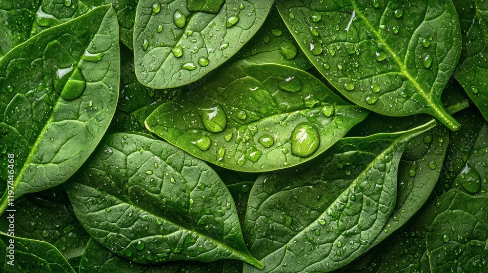 Poster isolated of spinach leaves stacked together with dew drops to emphasize freshness stock photo with s