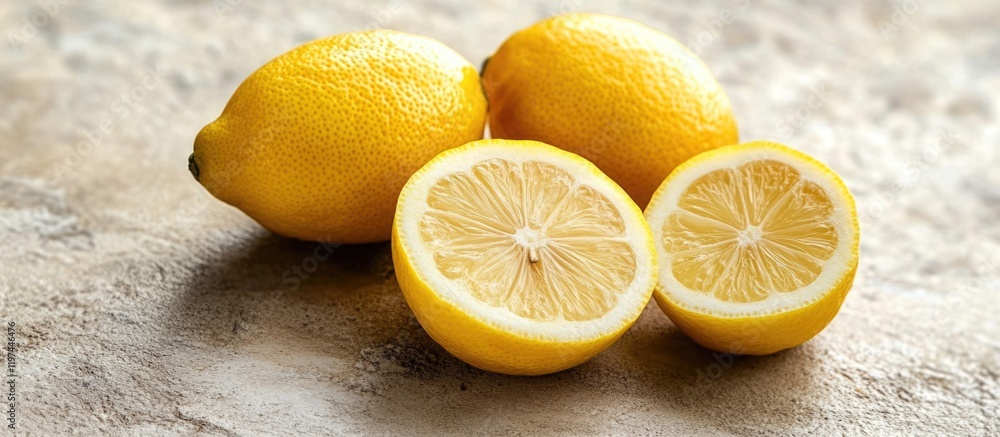 Aufkleber freshly cut lemons on a textured surface with one whole lemon and two halves showcased with copy spa