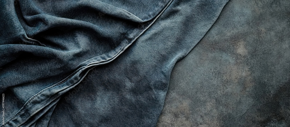 Poster texture background of wrinkled denim fabric combined with a dark canvas surface featuring copy space