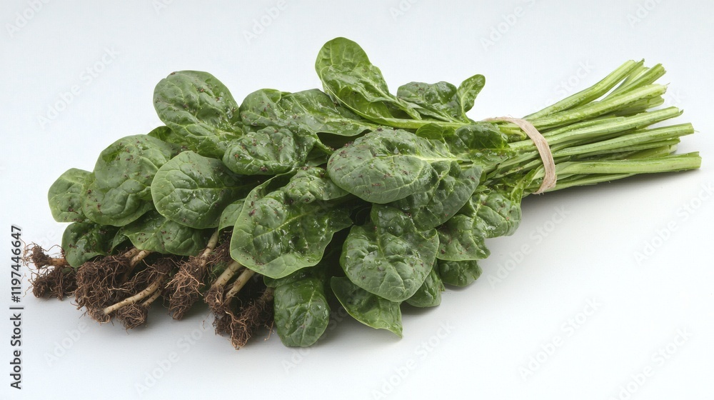 Poster Isolated of spinach stems with roots still attached resting on a plain white background Stock Photo with side copy space
