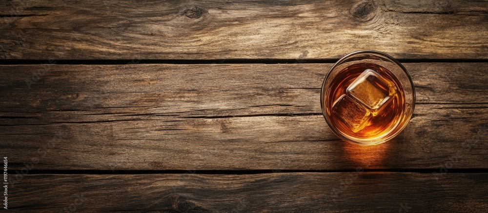 Poster whiskey glass with ice on rustic wooden table with copy space for text or product placement