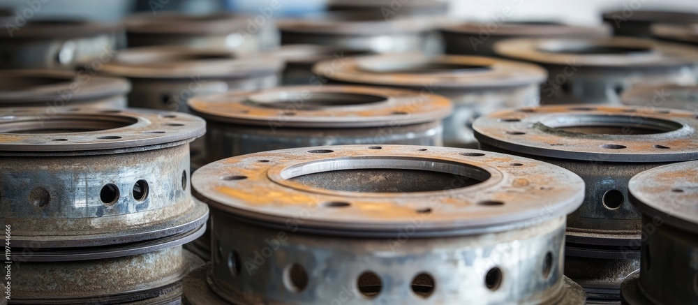 Poster metal brake drums arranged in a workshop setting with rusted textures and empty copy space for autom