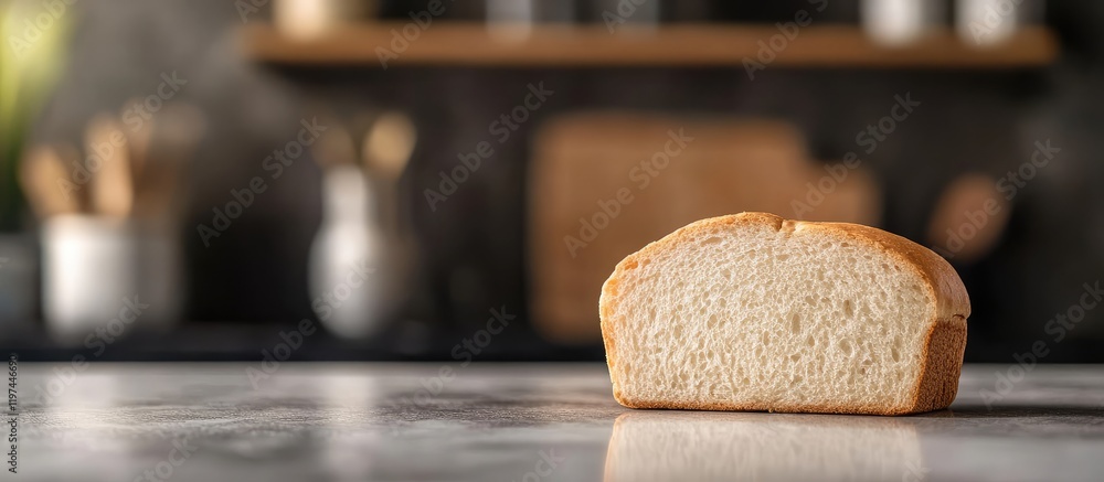 Poster freshly sliced white bread on kitchen counter with neutral background and empty space for text in wa