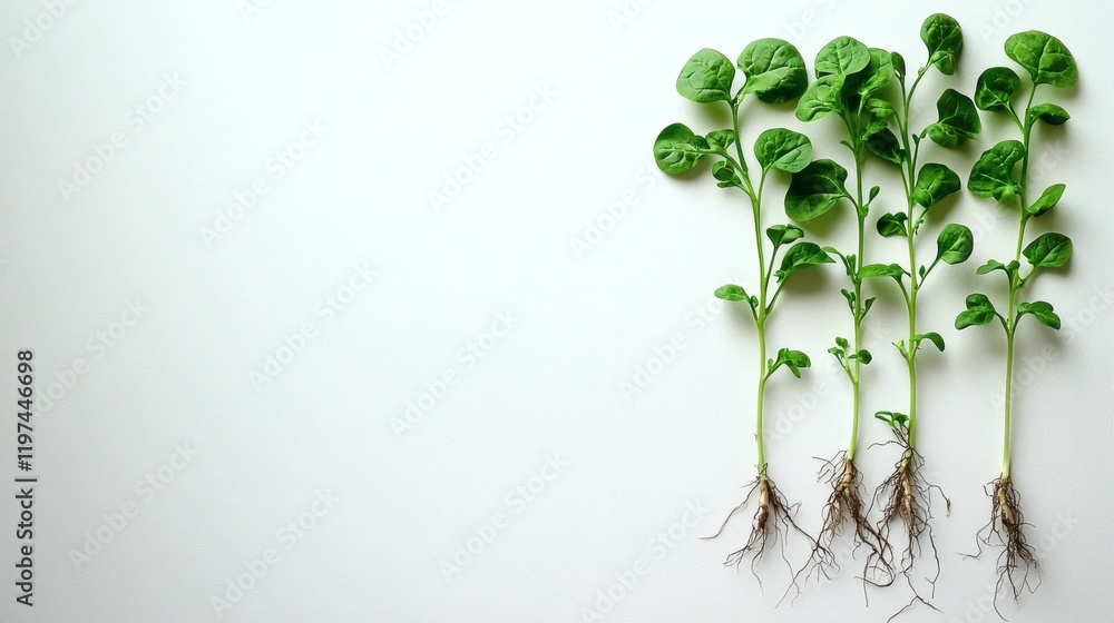 Aufkleber isolated of spinach stems with roots still attached resting on a plain white background stock photo 