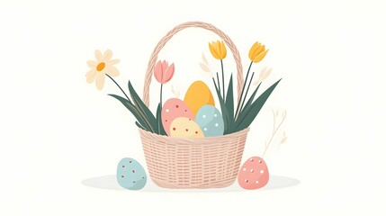 minimalistyczna ilustracja, wielkanocny koszyk, koszyk wiklinowy, pastelowe kolory, pisanki, tulipany, żonkile, kwiaty wiosenne, prosty design, nowoczesny styl, czyste tło, białe tło, miękkie cienie,  © Eliza