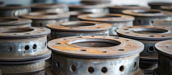 Metal brake drums arranged in a workshop setting with rusted textures and empty copy space for automotive industry advertising and mechanical concepts.